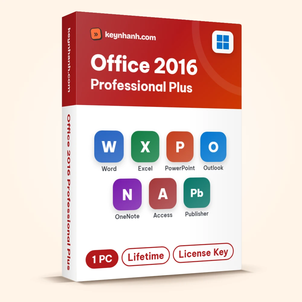 Hộp key Office 2016 Professional Plus bản quyền gồm Word, Excel, PowerPoint, Outlook, OneNote, Access, Publisher