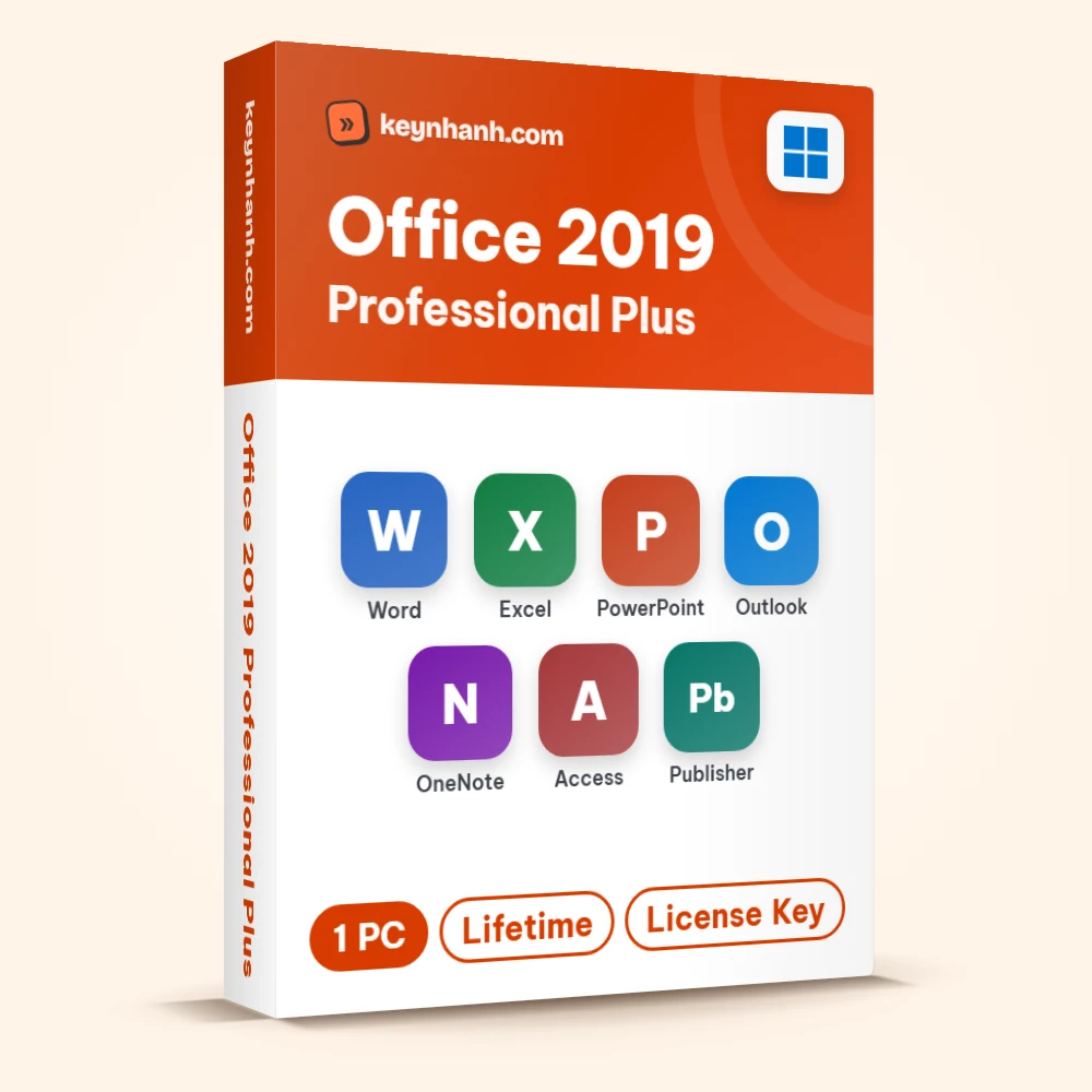 Hộp key Office 2019 Professional Plus bản quyền gồm Word, Excel, PowerPoint, Outlook, OneNote, Access, Publisher